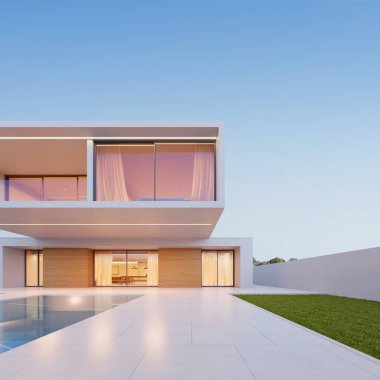 3d rendering of modern luxury house with swimming pool and marble terrace in the night time.