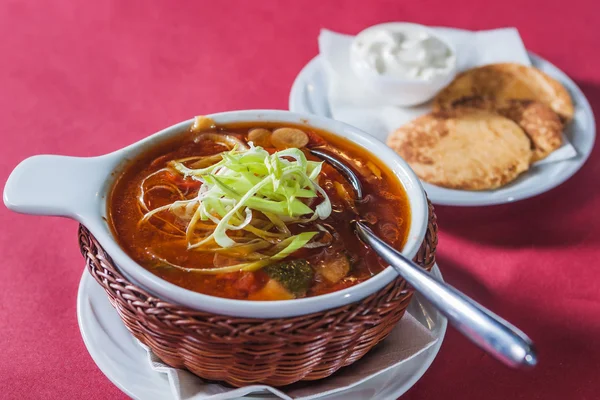 Soup with cabbage in a wicker plate on a crimson background — Stock Photo, Image