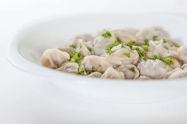 Pelmeni con hojas verdes sobre fondo blanco en un plato blanco — Foto de Stock