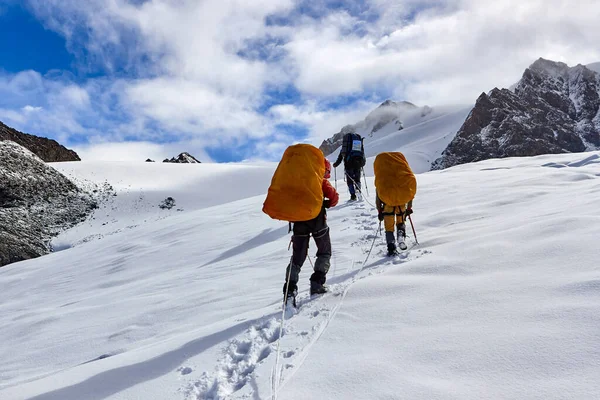 Bunch of mountaineers climbs to the top of a snow-capped mountain