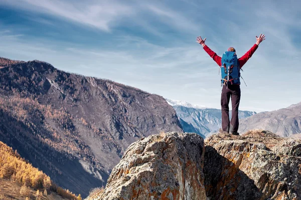 Man Traveling Backpack Hiking Mountains Travel Lifestyle Success Concept Adventure Stock Image