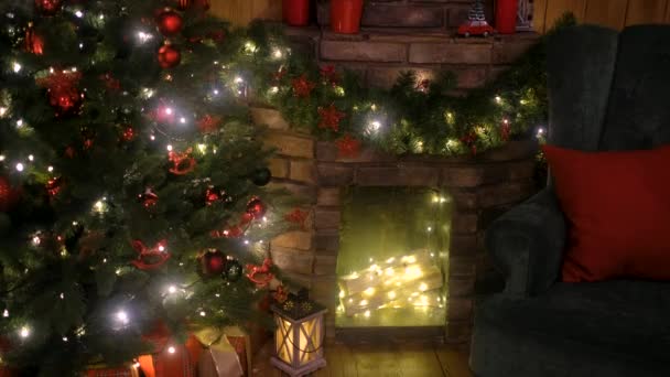 Scène de Noël avec des cadeaux d'arbre et cheminée en arrière-plan — Video