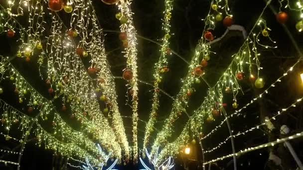 Verlichting Kerst decoraties, bloemenslingers en lichten in de nacht stadsplein — Stockvideo