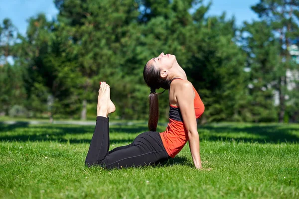 Yoga Mujer Joven Practicando Meditación Yoga Naturaleza Parque Concepto Estilo — Foto de Stock