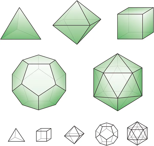 Platonic solids with green surfaces — Stock Vector