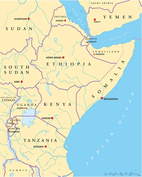 Mapa político da África Oriental —  Vetores de Stock