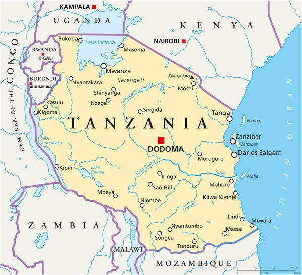 Tanzania政治地图 — 图库矢量图片