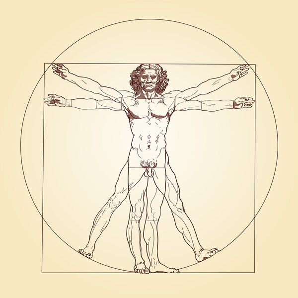 Illustration of the Vitruvian Man, based on the records of Leonardo da Vinci and the architect Vitruvius.
