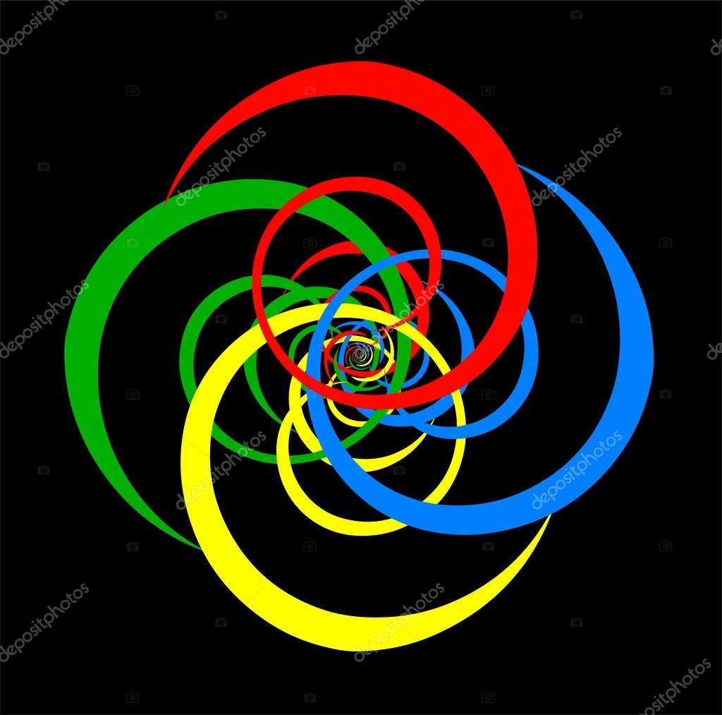 Psychedelic spiral of basic colors. Black background.