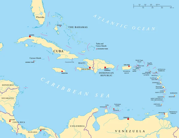 Karibik - große und kleine Antillen - politische Landkarte — Stockvektor