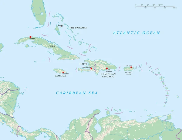 Politische Landkarte der Karibischen Inseln — Stockvektor