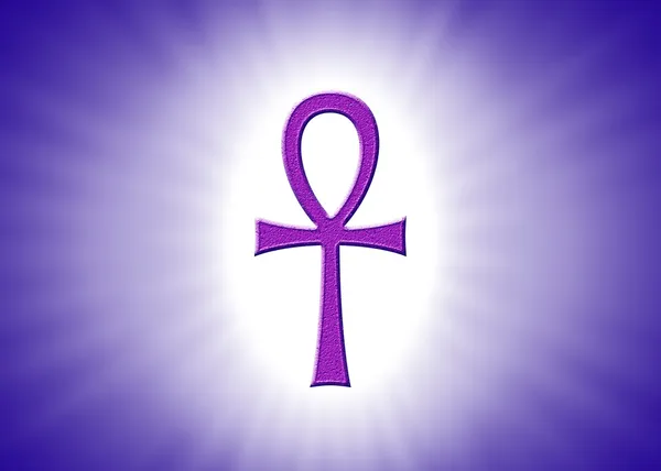 Ankh Hieroglifo com raios de luz sobre fundo violeta — Fotografia de Stock