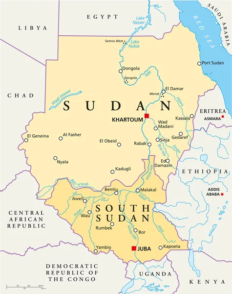 Mapa político Sudão e Sudão do Sul —  Vetores de Stock