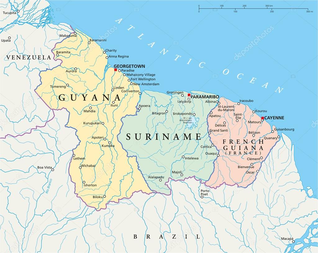 Guyana, Suriname and French Guiana Political Map