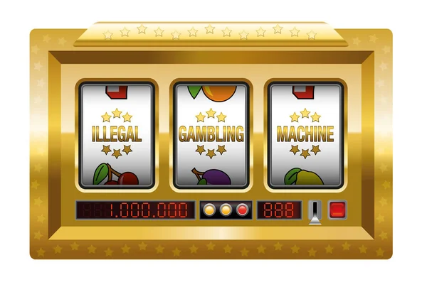 非法赌博机 带有三个卷轴的黄金老虎机 其名称为 非法赌博机器 白色背景上的孤立矢量图解 — 图库矢量图片