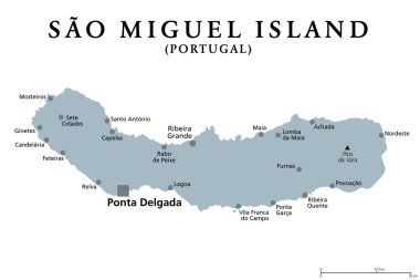 Sao Miguel Adası, Azores, Portekiz, gri politik harita ve başkent Ponta Delgada. Lakabı 