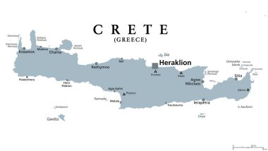 Girit, Yunan adası, gri siyasi harita, başkenti Heraklion. Yunanistan 'ın en büyük adası ve Akdeniz' in beşinci büyük adası. Büyük Minos yerleşimleriyle Knossos, Phaistos, Malia ve Zakros.