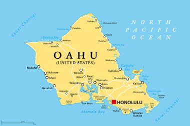 Oahu, Hawaii, Honolulu 'nun politik haritası. Hawaii Adaları ve Hawaii 'nin bir kısmı, Kuzey Pasifik Okyanusu' nda Birleşik Devletler eyaleti. Toplanma Yeri olarak bilinir. İllüzyon. Vektör.