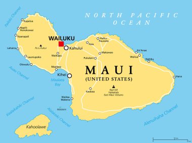 Maui, Hawaii, başkent Wailuku ile politik harita. Hawaii Adaları ve Hawaii 'nin bir kısmı, Kuzey Pasifik Okyanusu' nda Birleşik Devletler eyaleti. Issız bir ada olan Kahoolawe. İllüzyon. Vektör.