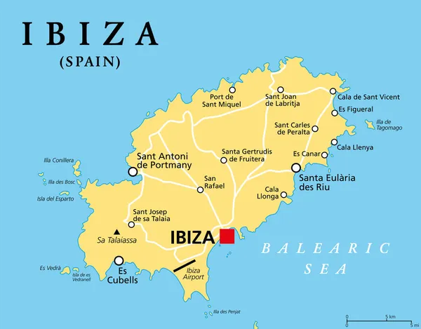 Ibiza Mapa Político Parte Das Ilhas Baleares Arquipélago Comunidade Autónoma —  Vetores de Stock