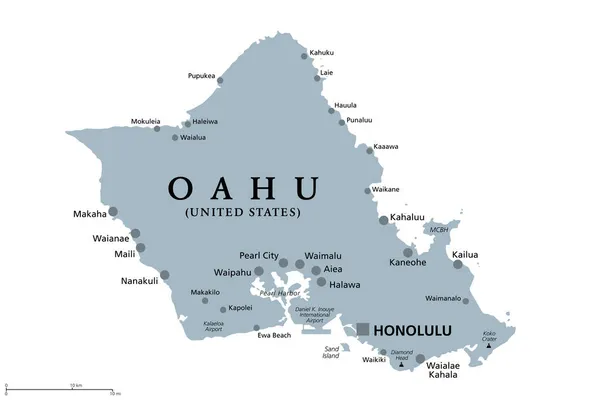 夏威夷瓦胡岛 首都檀香山的灰色政治地图 夏威夷群岛和夏威夷的一部分 美国在北太平洋的一个州 被称为集合地点 — 图库矢量图片
