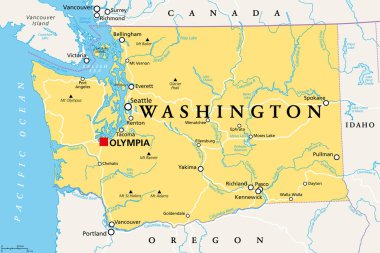 Washington, WA, başkent Olympia ile politik harita. Batı Amerika Birleşik Devletleri 'nin Pasifik Kuzeybatı bölgesinde. Washington Eyaleti, lakabı The Evergreen State. Vektör.