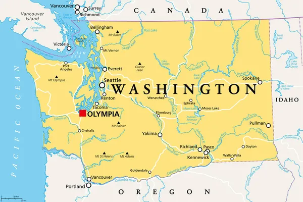 Washington Mapa Político Com Capital Olympia Estado Região Noroeste Pacífico —  Vetores de Stock