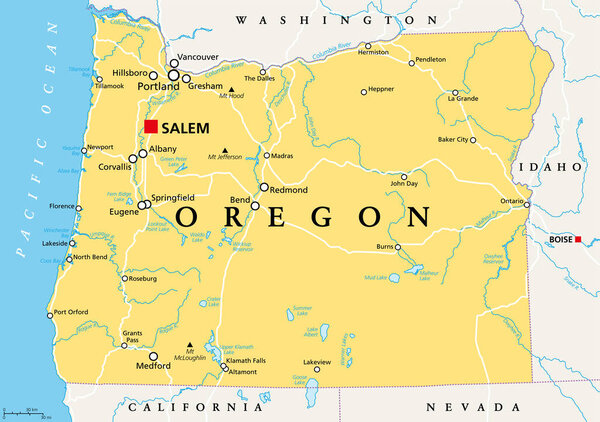 Oregon, OR, political map with the capital Salem. State in the Pacific Northwest region of the Western United States of America, with the nickname The Beaver State. Illustration. Vector.