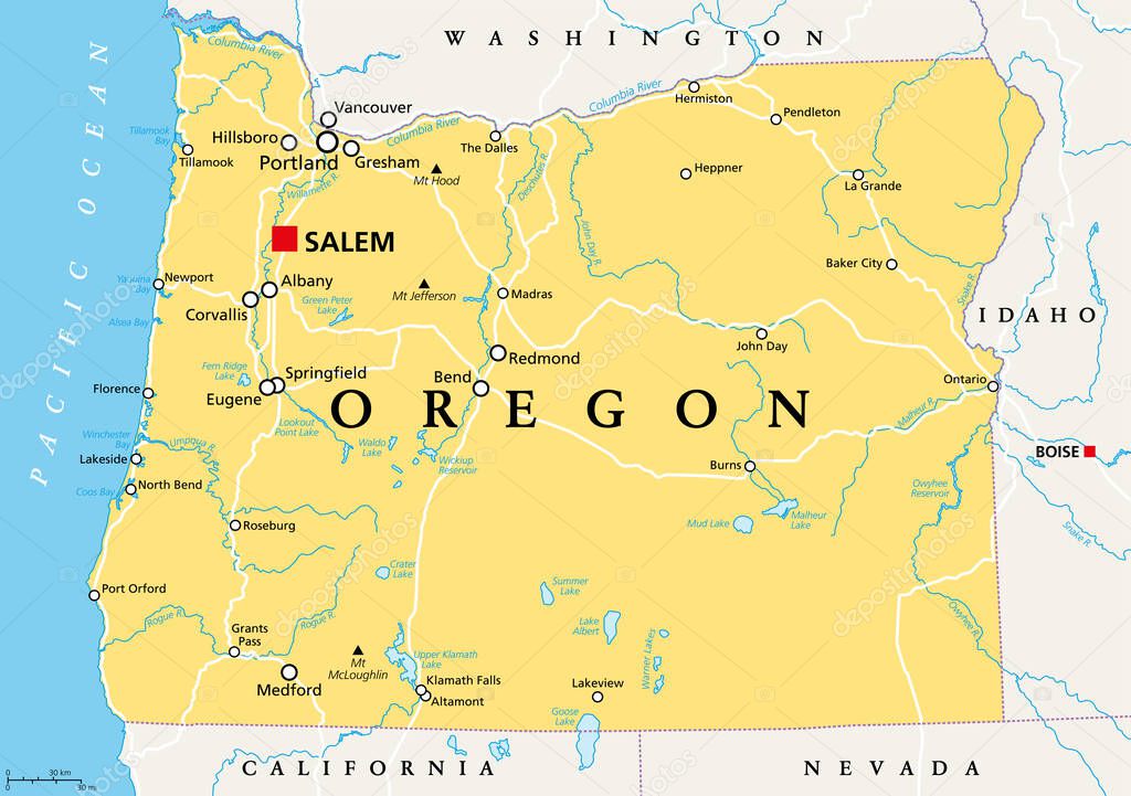 Oregon, OR, political map with the capital Salem. State in the Pacific Northwest region of the Western United States of America, with the nickname The Beaver State. Illustration. Vector.