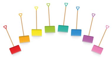 Renkli kar kürekleri, kar küreme araçlarının renkli koleksiyonu, neşeli kar küreme için gevşek düzenlenmiş komik kış aletleri. Beyaz arkaplanda izole vektör illüstrasyonu.