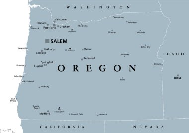Oregon, OR, gri politik harita, başkent Salem ve sınırlarla. Batı Amerika Birleşik Devletleri 'nin Pasifik Kuzeybatı bölgesinde, namı diğer Kunduz Eyaleti. İllüzyon. Vektör.