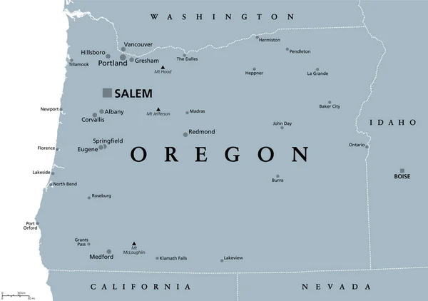 俄勒冈州 俄勒冈州 灰色的政治地图 首都塞勒姆和边界 美国西部太平洋西北地区的一个州 海狸州 — 图库矢量图片