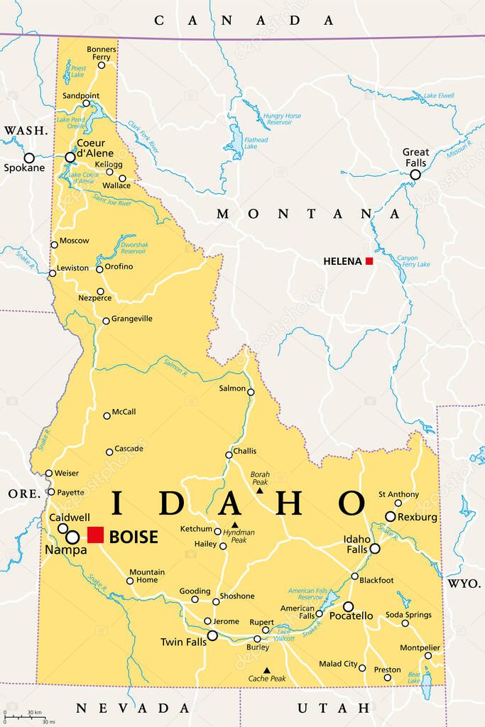 Idaho, ID, political map with the capital Boise, borders, important cities, rivers and lakes. State in the Pacific Northwest region of the Western United States of America, nicknamed Gem State. Vector