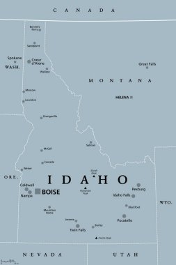 Idaho, kimlik, başkent Boise ile gri politik harita, sınırlar, önemli şehirler, nehirler ve göller. Batı Amerika Birleşik Devletleri 'nin Pasifik Kuzeybatı bölgesindeki Gem State lakaplı eyalet. Vektör