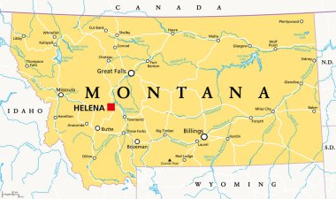 Montana, MT, başkent Helena ile politik harita. Büyük Gök Ülkesi ve Hazine Devleti lakaplı Batı Amerika Birleşik Devletleri 'nin Batı Dağ Bölgesi' ndeki eyaleti. İllüzyon. Vektör