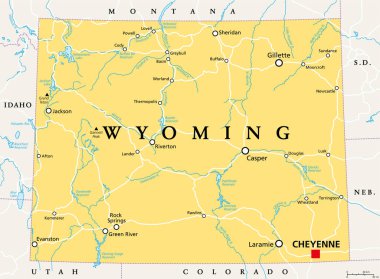 Wyoming, WY, politik harita, başkent Cheyenne ile. Batı Amerika Birleşik Devletleri 'nin Batı Dağ Bölgesi' ndeki eyaleti, lakabı Eşitlik Eyaleti, Kovboy Eyaleti ve Büyük Wyoming. Vektör.