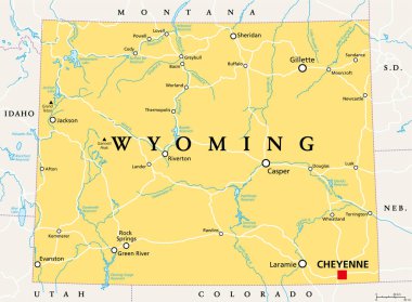Wyoming, WY, political map, with the capital Cheyenne. State in the Mountain West subregion of the Western United States of America, nicknamed Equality State, Cowboy State and Big Wyoming. Vector. clipart