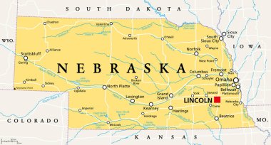 Nebraska, NE, başkent Lincoln ve en büyük şehir Omaha ile siyasi harita. Amerika Birleşik Devletleri 'nin orta batısında Cornhusker State takma adıyla denize kıyısı olmayan bir eyalet. Vektör