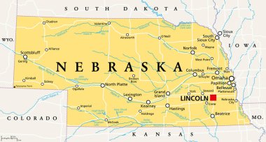 Nebraska, NE, political map with the capital Lincoln and the largest city Omaha. Triply landlocked State in the Midwestern subregion of the United States of America, nicknamed Cornhusker State. Vector clipart
