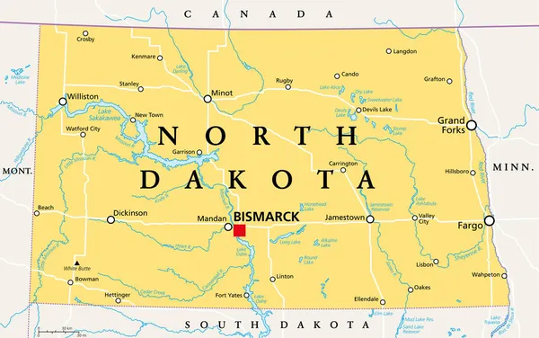 ノースダコタ州 政治地図 資本ビスマルクと アメリカ合衆国中西部の州 通称ピースガーデン州 ラフライダー州 地球上の天国 ベクトル — ストックベクタ