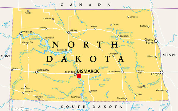 North Dakota, ND, political map, with capital Bismarck. State in the upper Midwest subregion of the United States of America, nicknamed Peace Garden State, Roughrider State and Heaven on Earth. Vector