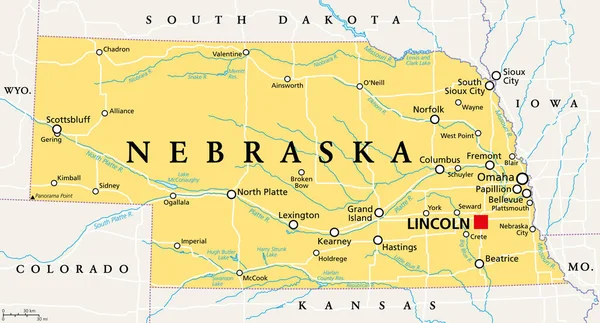 Nebraska Mappa Politica Con Capitale Lincoln Più Grande Città Omaha — Vettoriale Stock