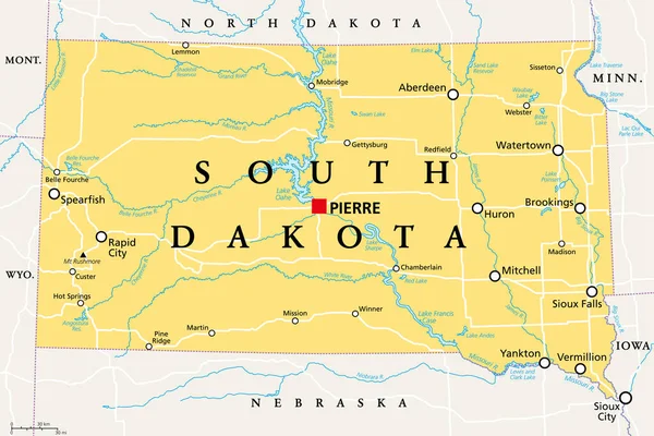 Южная Дакота Политическая Карта Столицей Пьером Крупнейшим Городом Фолс Штат — стоковый вектор