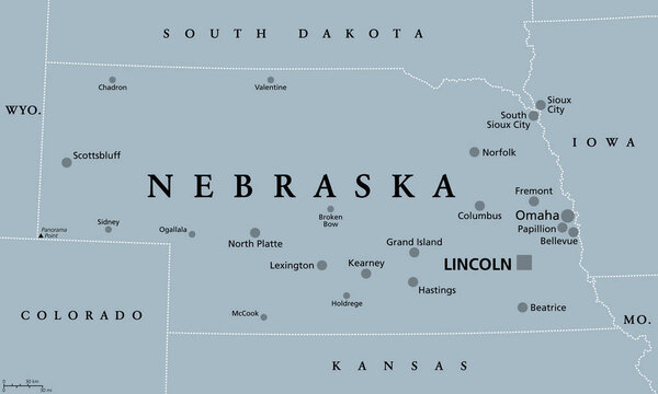 Nebraska, NE, gray political map with the capital Lincoln and largest city Omaha. Triply landlocked State in the Midwestern subregion of the United States of America nicknamed Cornhusker State. Vector
