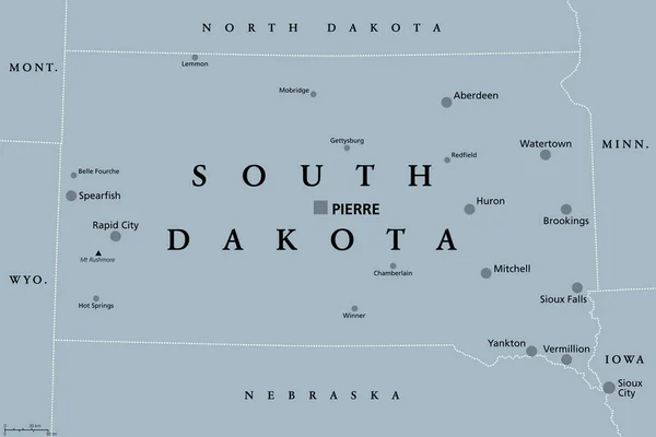 Dakota Sud Carte Politique Grise Avec Capitale Pierre Grande Ville — Image vectorielle
