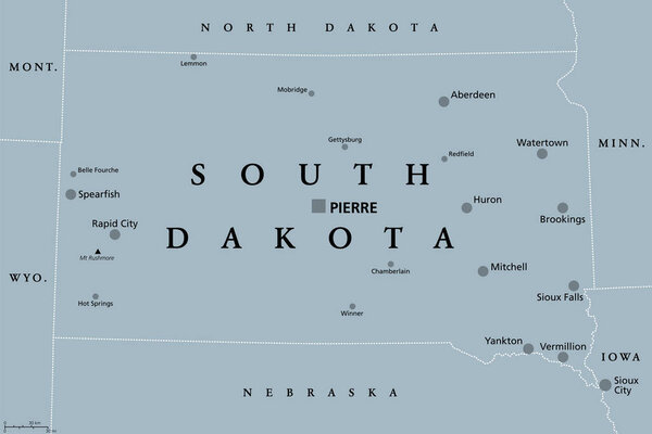 South Dakota, SD, gray political map, with capital Pierre, and largest city Sioux Falls. State in the upper Midwestern subregion of United States of America, nicknamed The Mount Rushmore State. Vector