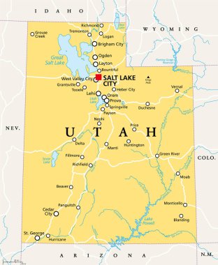 Utah, UT, politik harita, Salt Lake City ile birlikte. Batı Amerika Birleşik Devletleri 'nin Batı Dağ Bölgesi Eyaleti, lakabı Beehive State, Mormon Eyaleti ve Deseret. Vektör.