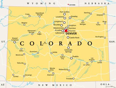 Colorado, başkent Denver 'ın politik haritası, en önemli nehirler ve göller. Batı Amerika Birleşik Devletleri 'nin Batı Dağ Bölgesi' ndeki eyaleti, namı diğer 