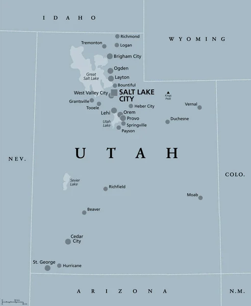 犹他州 灰色政治地图 首都盐湖城 美利坚合众国西部山区西部分区域的一个州 绰号为 Quot 蜂窝州 Quot Quot 摩门教州 — 图库矢量图片