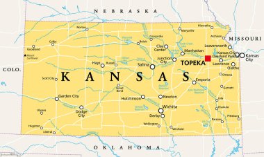 Kansas, KS, başkent Topeka ile politik harita, önemli nehirler ve göller. Amerika Birleşik Devletleri 'nin orta batısındaki eyalete Ayçiçeği eyaleti lakabı verildi, ayrıca Buğday Eyaleti ya da Jayhawker Eyaleti. Vektör